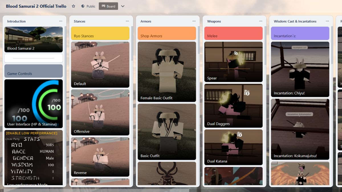 Cartões do Trello de Blood Samurai 2