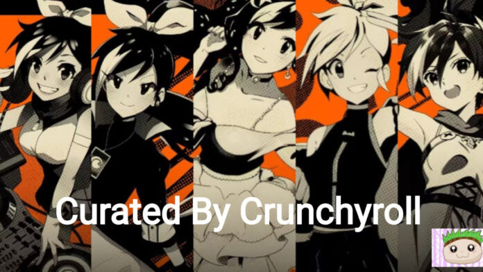 Imagem destaque do nosso artigo sobre Curated By Crunchyroll. Mostra cinco personagens de anime com 'Curated By Crunchyroll' escrito no meio.