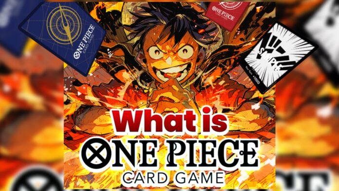 Imagem de destaque para nosso guia de decks iniciais do TCG One Piece, com uma ilustração brilhante de Monkey D. Luffy com 'What is One Piece Card Game' escrito na frente.