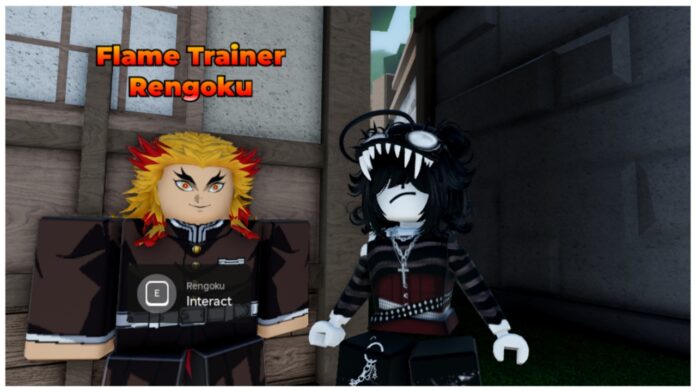 Imagem de destaque para nossa lista de tipos de respiração em Weak Legacy 2, mostrando um avatar do Roblox ao lado de um NPC Rengoku com cabelo longo e em chamas, colorido em dourado e vermelho. O personagem ao lado dele é pálido, com uma expressão de descontentamento e um visual emo em preto e vermelho.