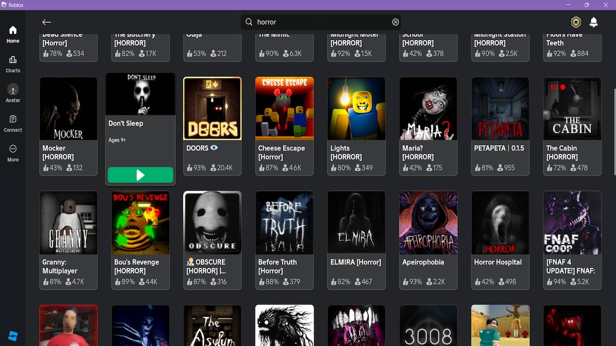 Pesquise por "terror" no Roblox.