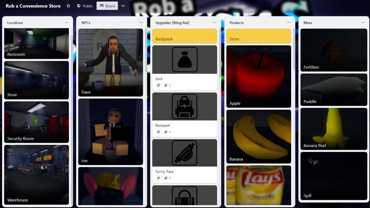 Plataforma Trello do Rob a Convenience Store Simulator no Roblox