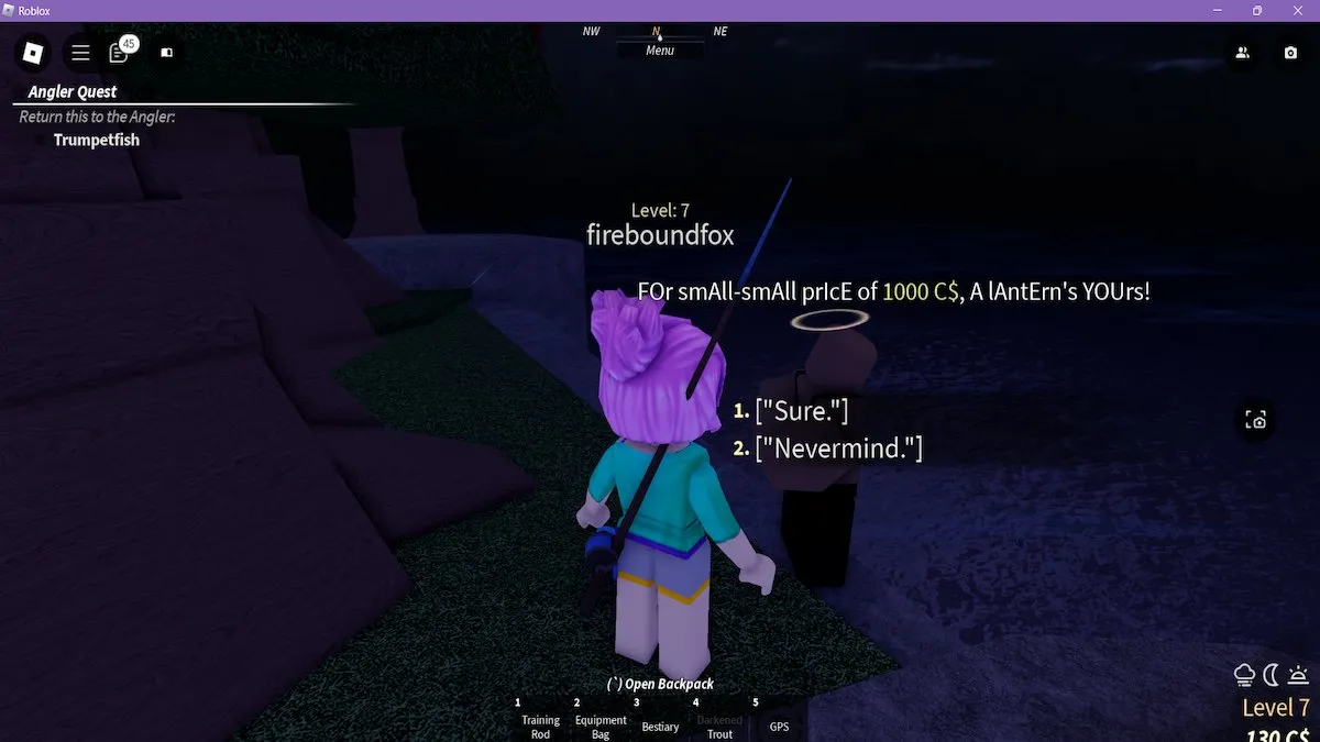 Conversando com o Guardião da Lanterna em Fisch no Roblox.