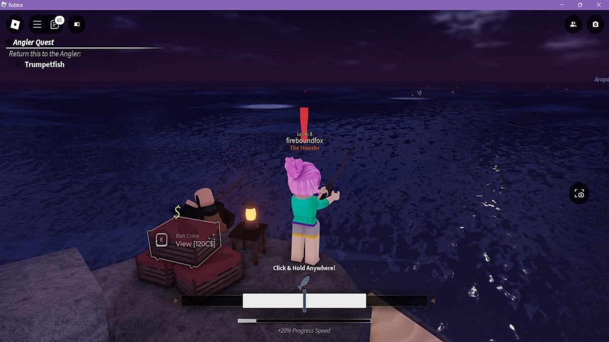 Tentando a pesca AFK em Fisch no Roblox.