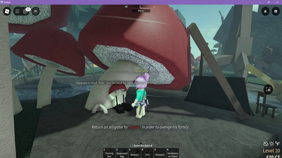 Agaric, o NPC cogumelo, atribui uma missão em Fisch no Roblox.