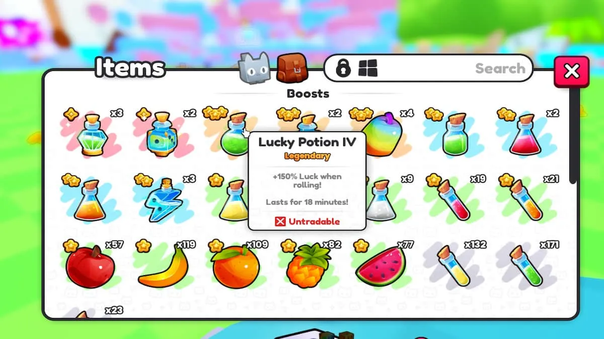 Menu de itens em PETS GO