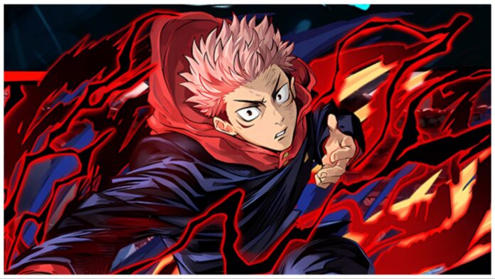 Imagem destacada da nossa lista de ranking de Jujutsu Awakening mostrando Yuji, o personagem principal com cabelo rosa, em uma pose de ação, com expressão determinada e a essência do black flash ao seu redor.