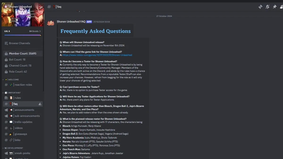 Página de FAQ do Discord do Shonen Unleashed