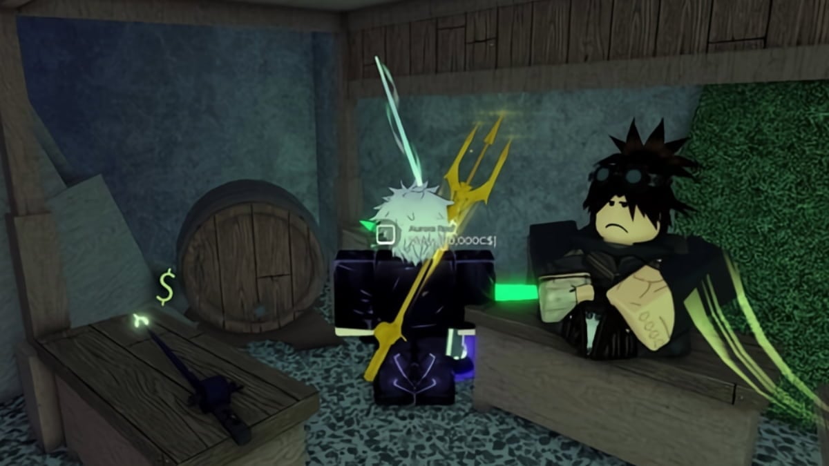 Jogador segurando uma Vara Aurora em Roblox Fisch.