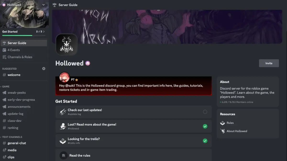 Captura de tela do servidor do Discord do Hollowed Roblox.