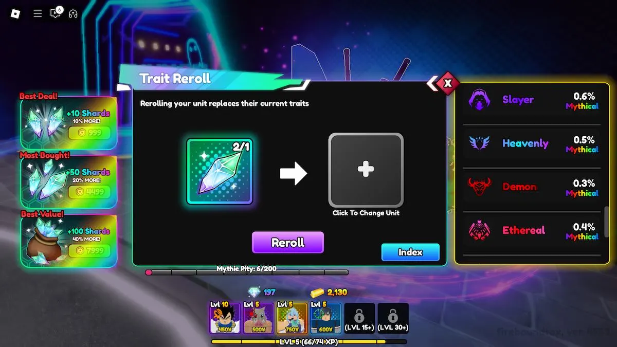 Reroll de traços em Anime Reborn no Roblox.