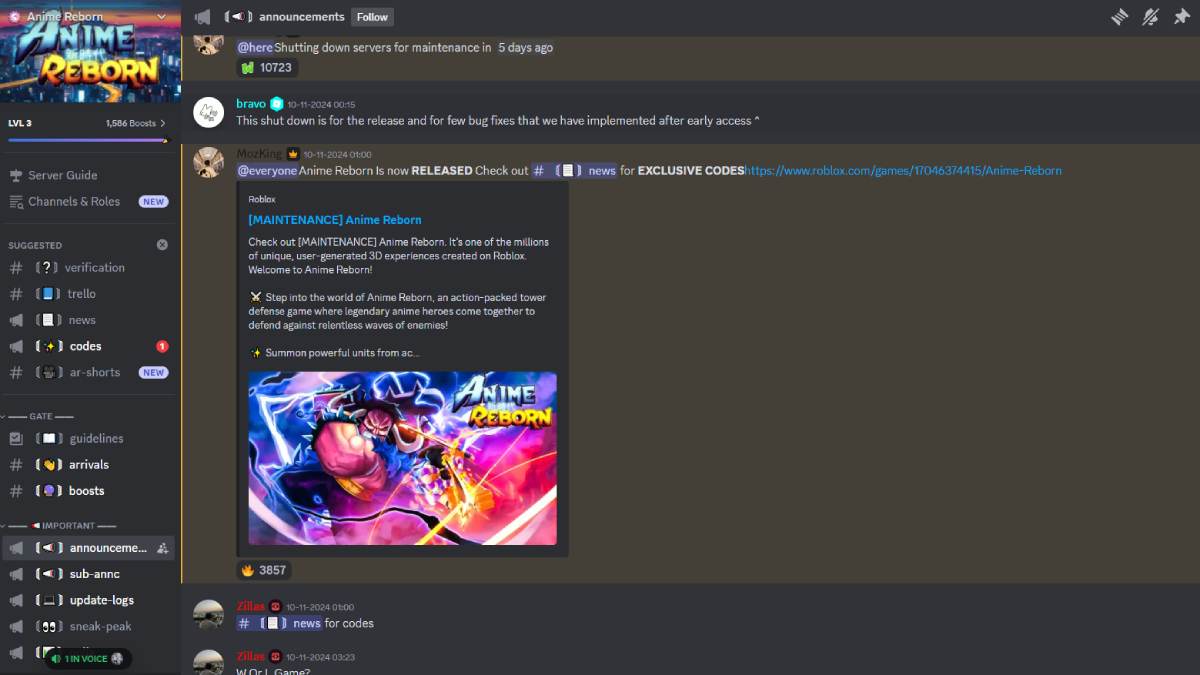 Seção de anúncios do servidor Discord do Anime Reborn