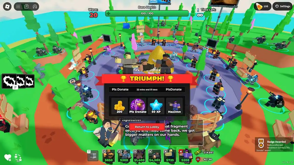 Uma partida finalizada no evento PLS DONATE x Tower Defense Simulator no Roblox.