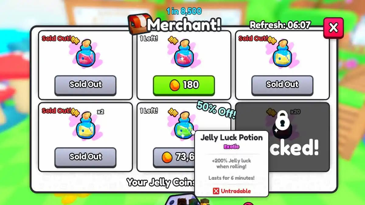 O Menu do Comerciante de Jelly em PETS GO