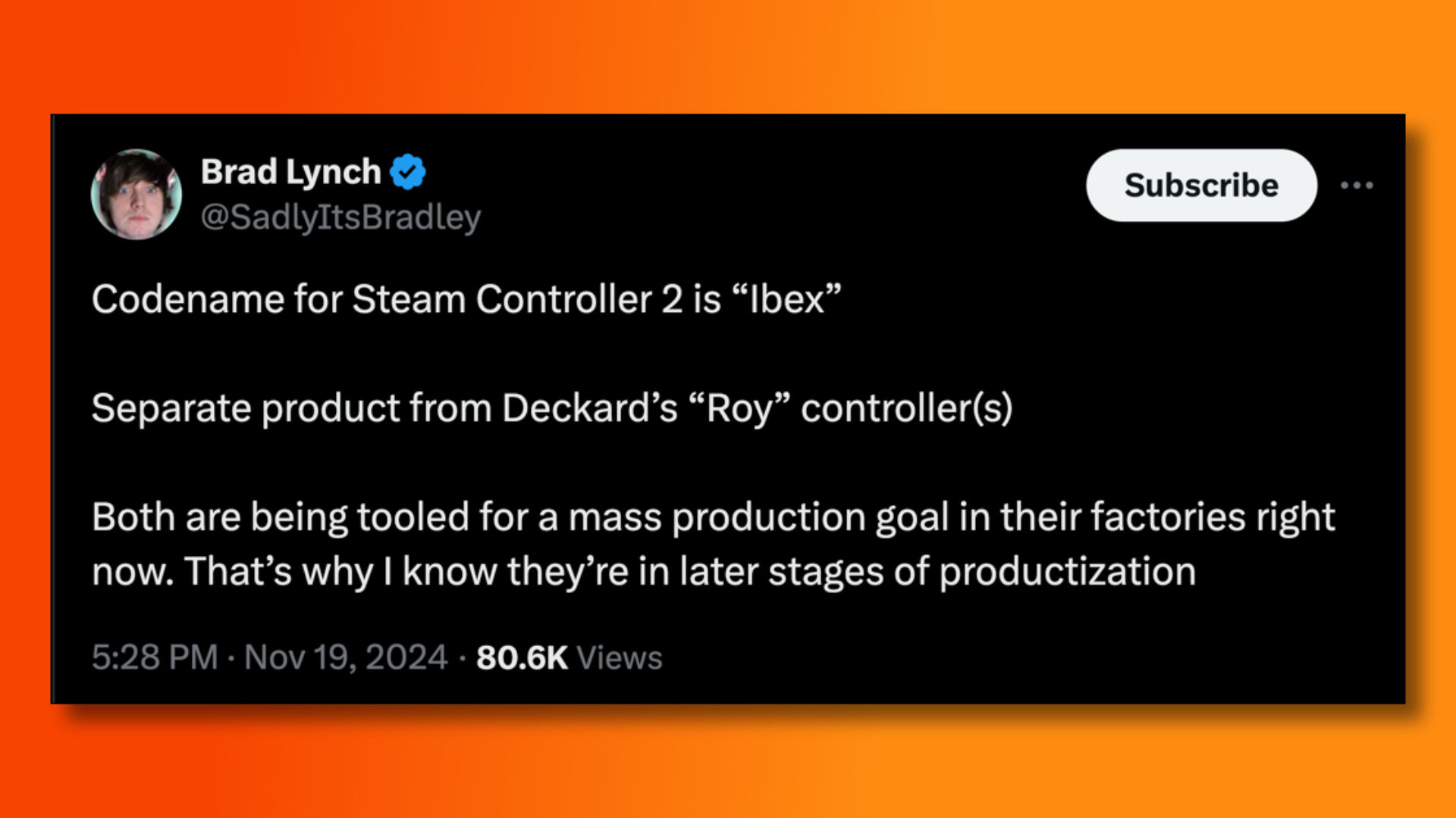 Um tweet de Brad Lynch sobre os novos controladores Steam