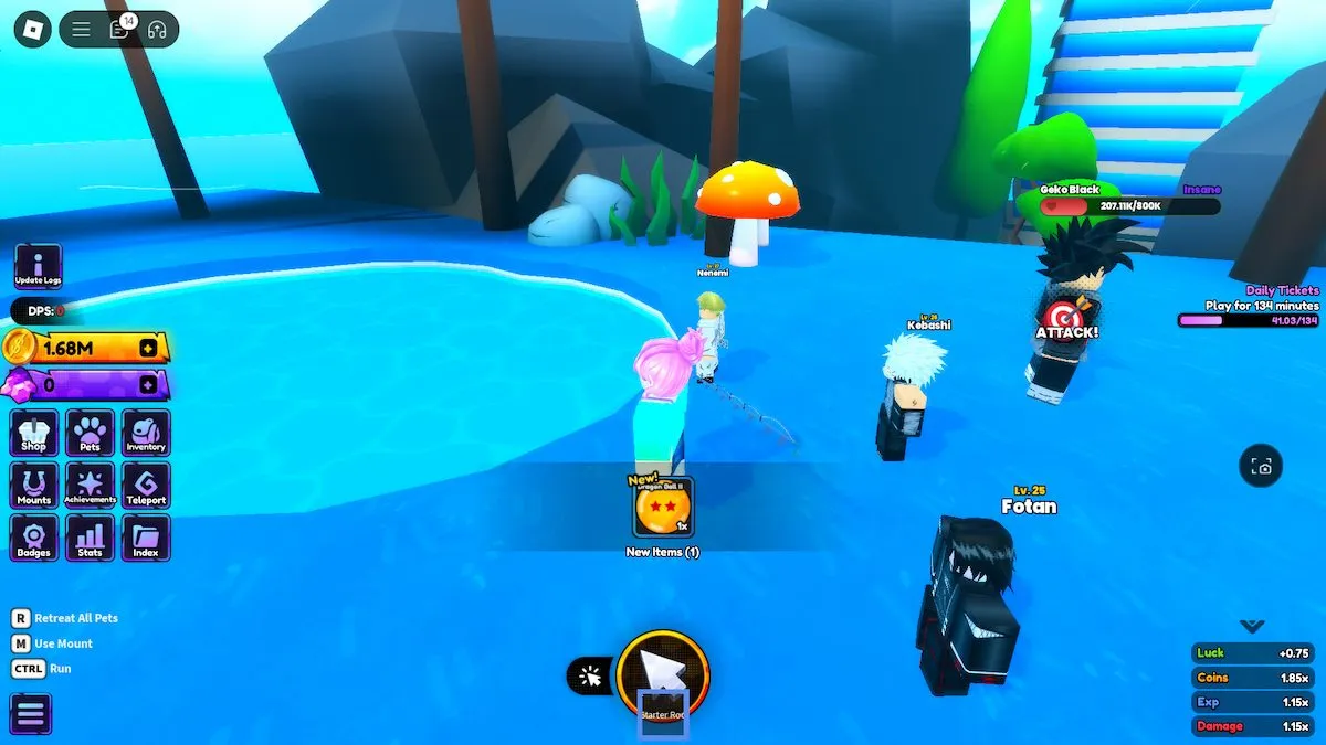 Pesca de uma bola de dragão em Anime Shadow no Roblox.