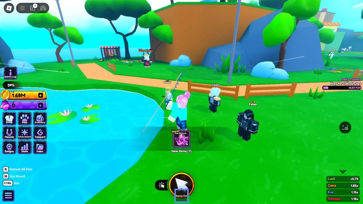 Pesca de uma essência rosa em Anime Shadow no Roblox.