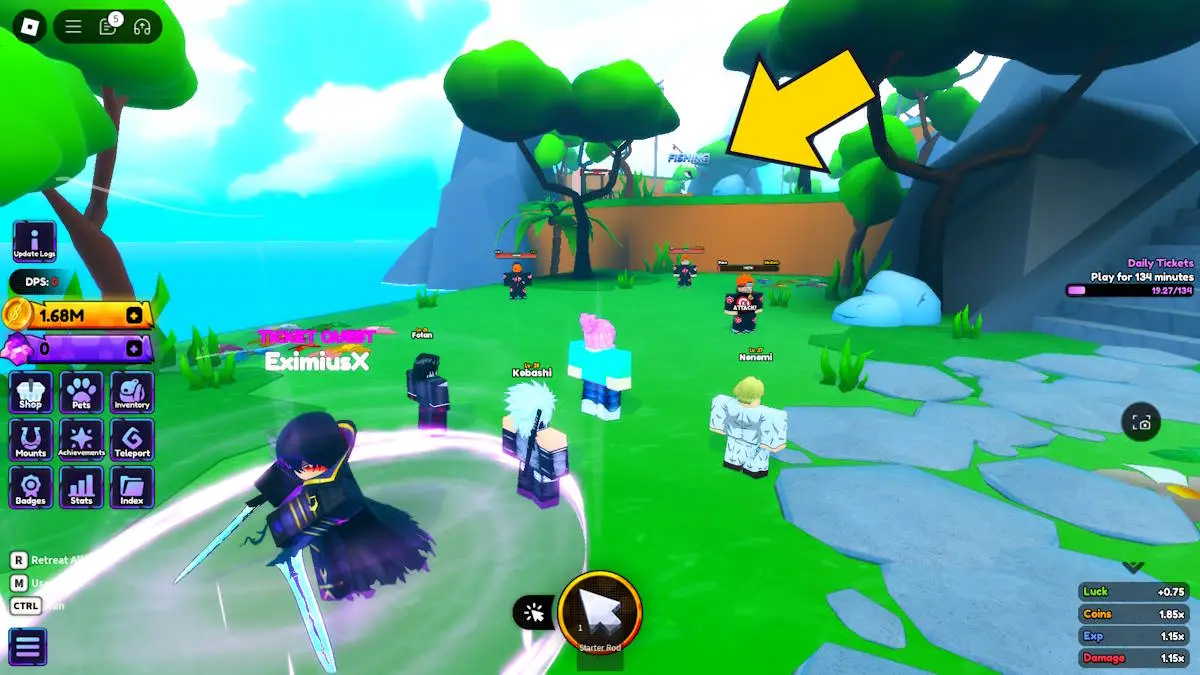 Localização da área de pesca da Vila da Folha em Anime Shadow no Roblox.