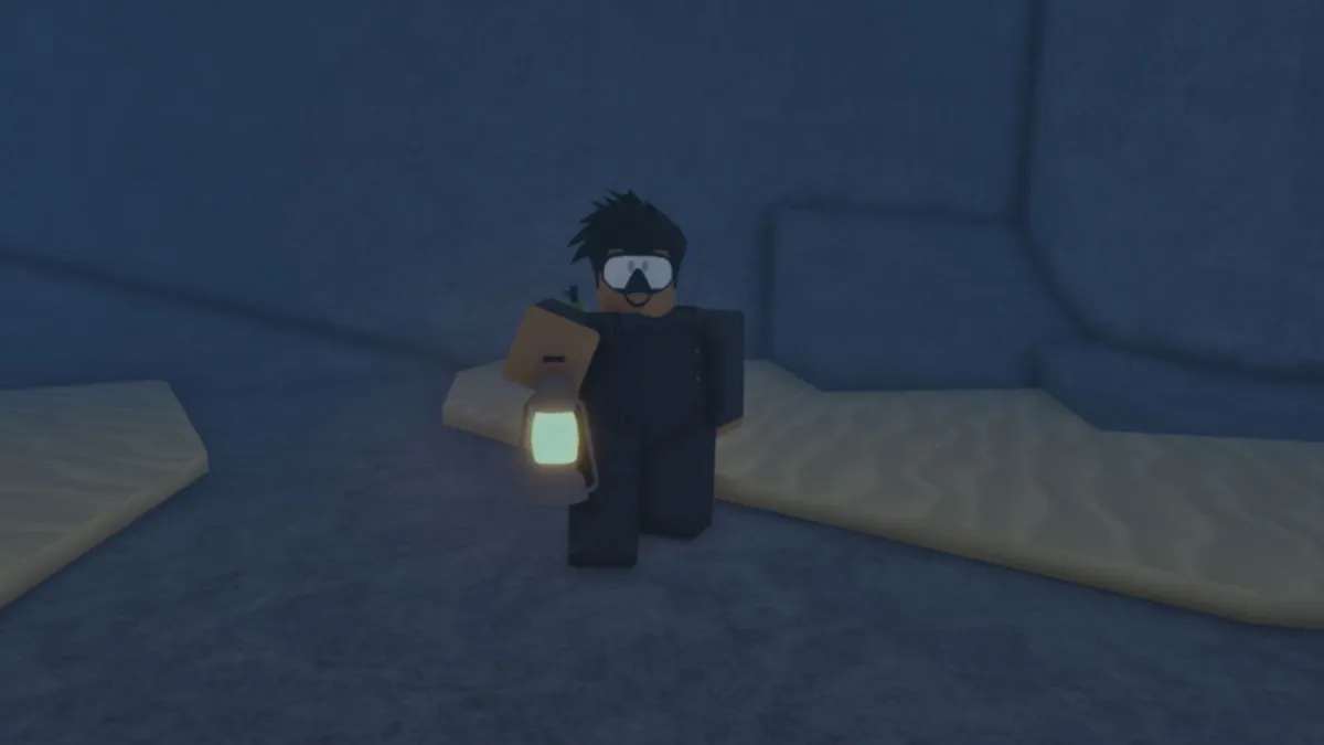 NPC chamado Clarence em pé com uma lamparina no Desolate Pocket em Roblox Fisch.