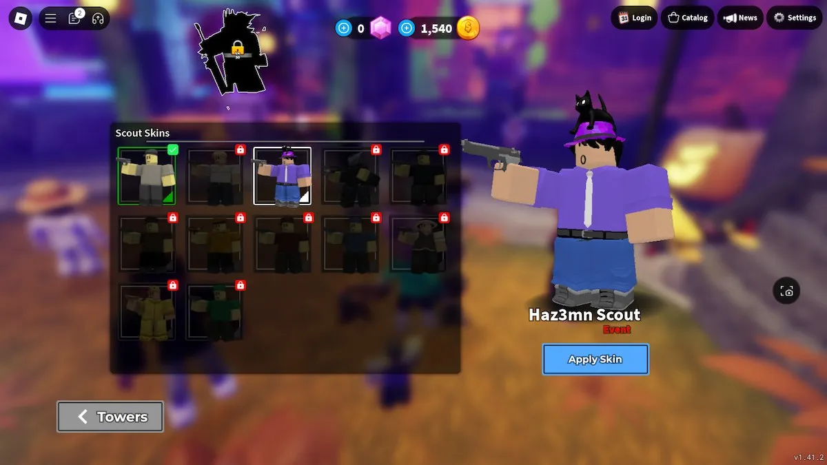 A recompensa da skin scout no evento PLS DONATE x Tower Defense Simulator no Roblox.