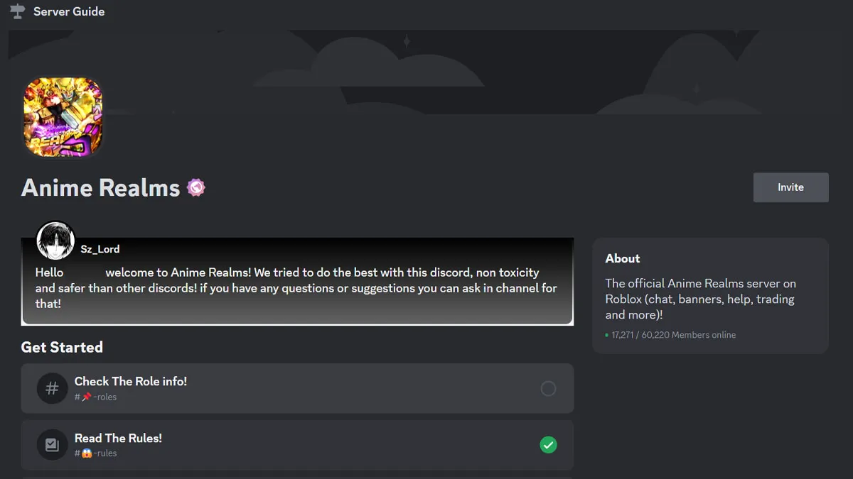 Guia do servidor Discord de Anime Realms.