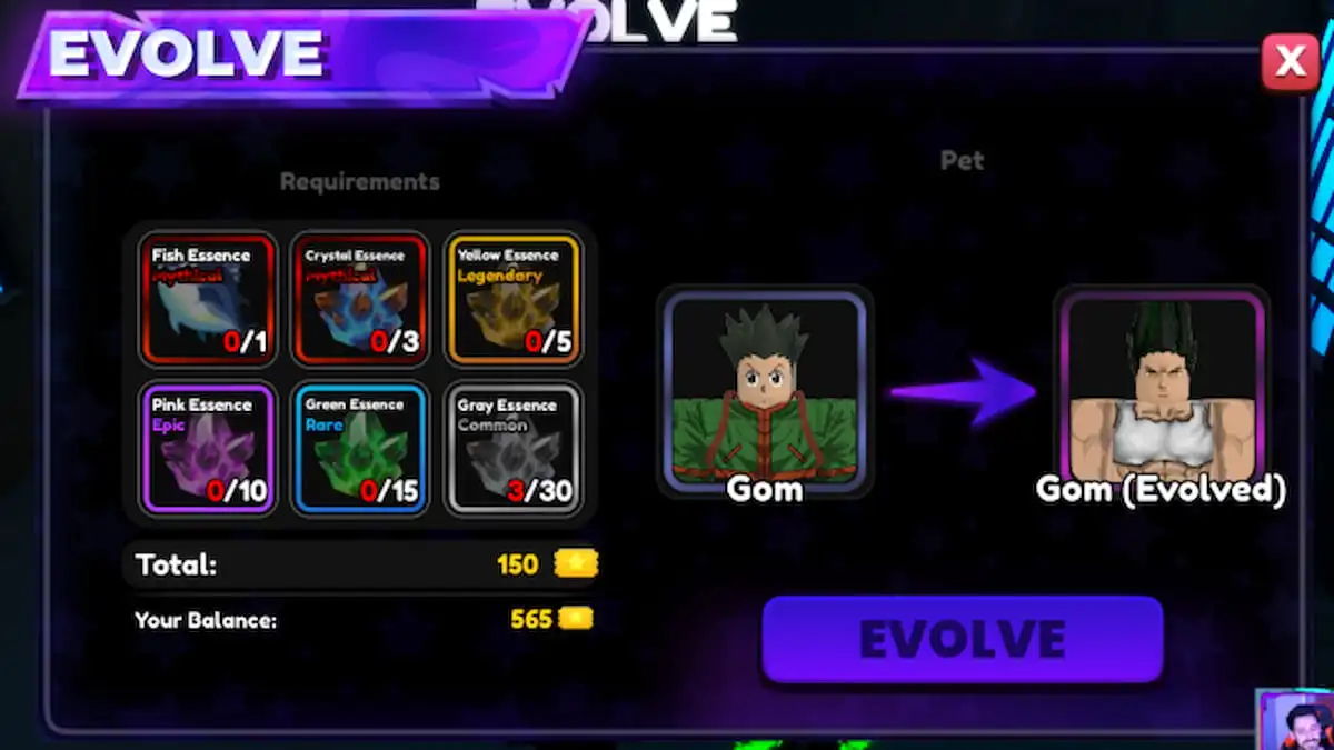 Menu de Evolução do Gon em Anime Shadow