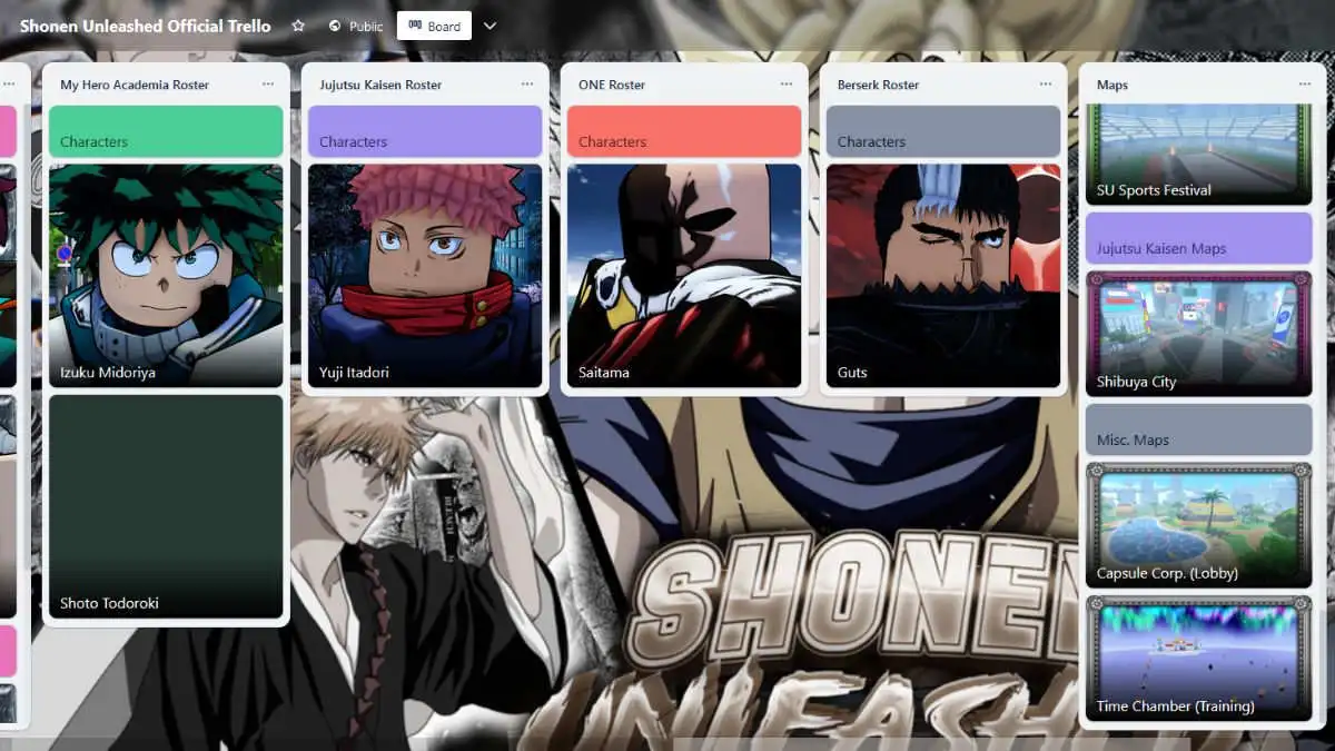 Trello oficial do Roblox Shonen Unleashed