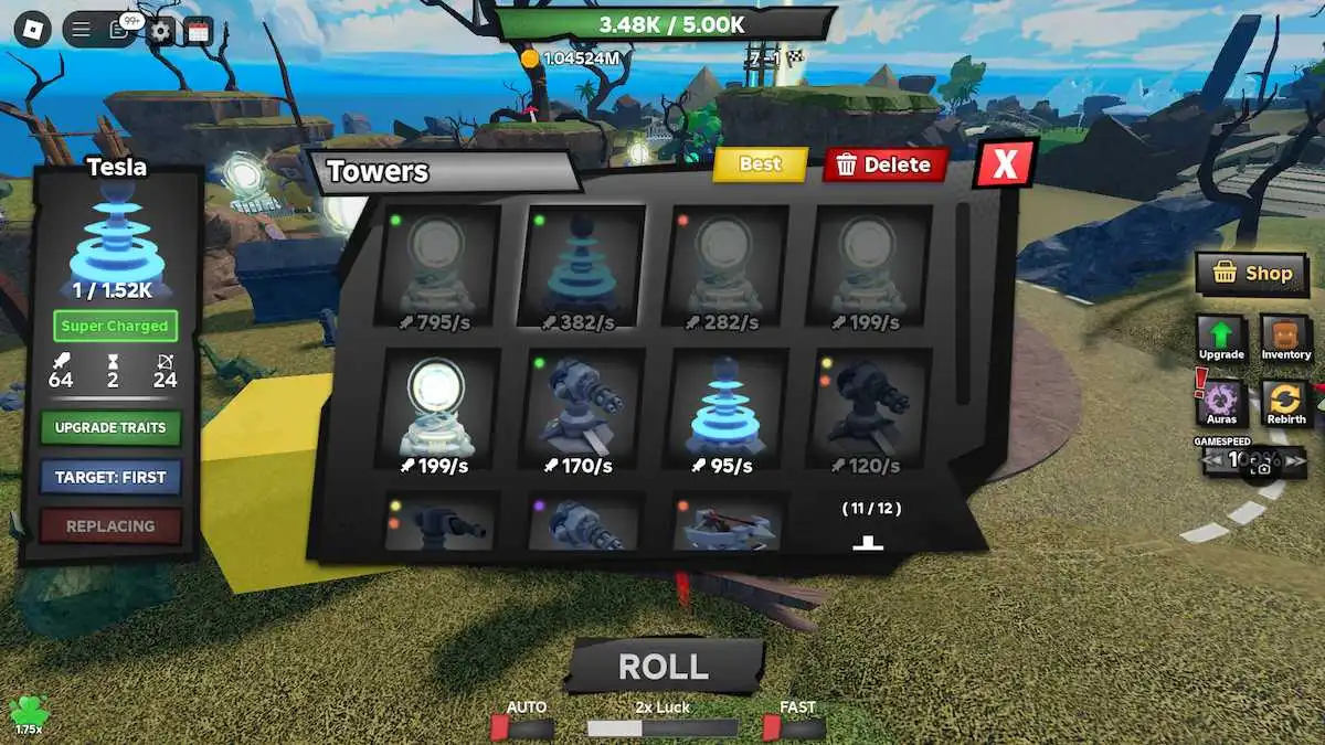 Menu das Torres em Tower Defense RNG no Roblox.