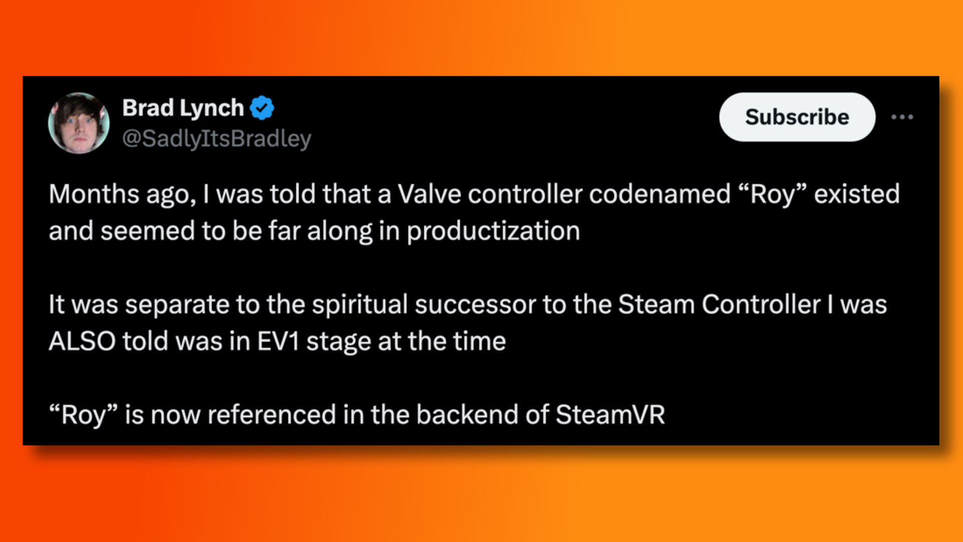 Um tweet de Brad Lynch sobre os novos controladores Steam