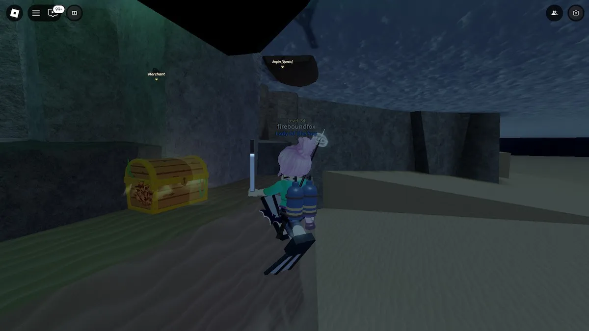 Encontrando um baú de tesouro em Fisch no Roblox.