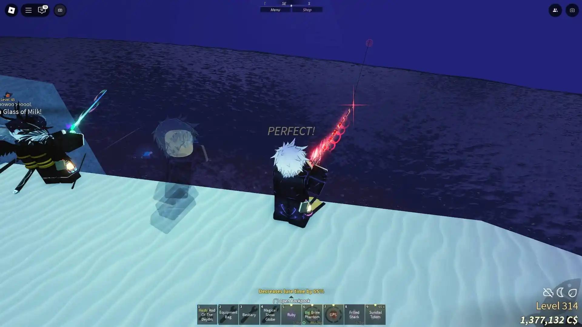 Jogador pescando na Vila de Inverno na experiência Roblox Fisch