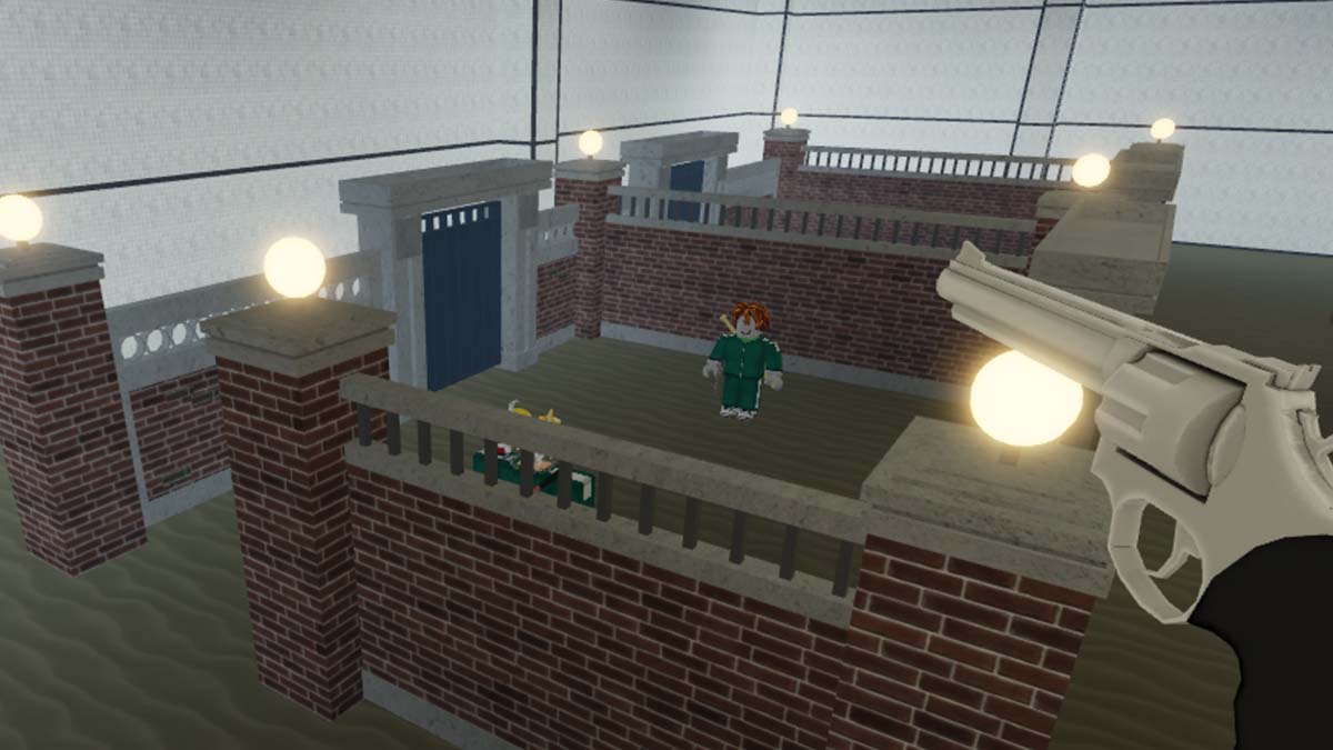 Jogadores jogando Bolinhas de Gude no Squid Game do Roblox.