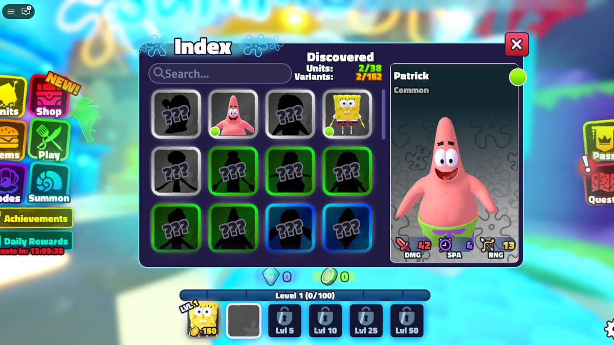 Menu de índice de unidades em SpongeBob Tower Defense