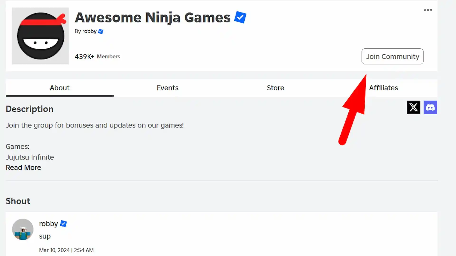 Página do grupo Awesome Ninja Games no Roblox