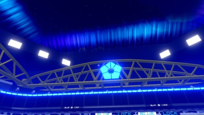 Imagem em destaque do guia de técnicas de Blue Lock Rivals. Mostra o topo de um estádio de futebol com luzes azuis no céu.