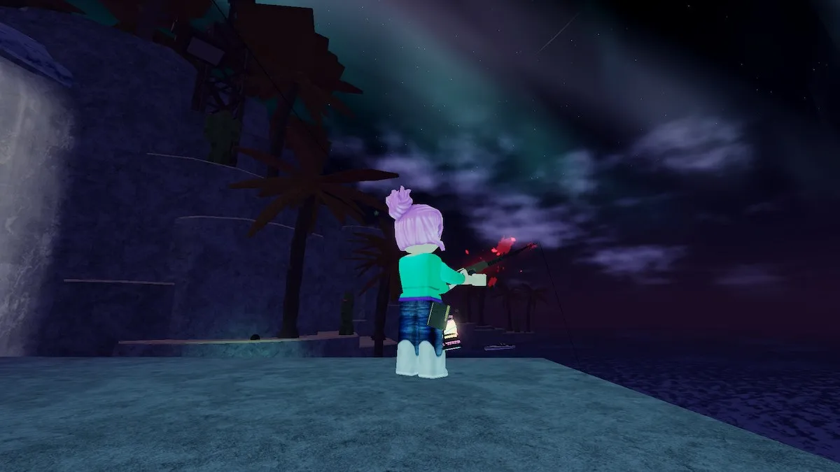 Pesca durante o evento climático Aurora Borealis em Roblox Fisch.