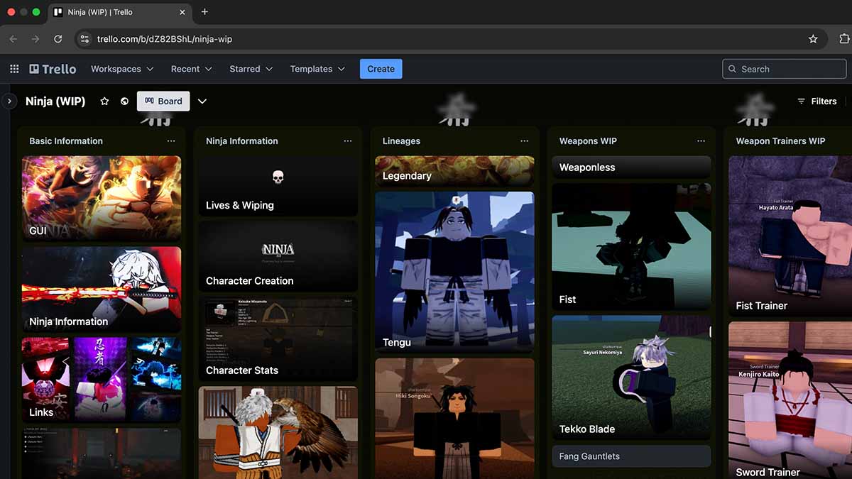 Quadro Trello do Roblox NINJA.