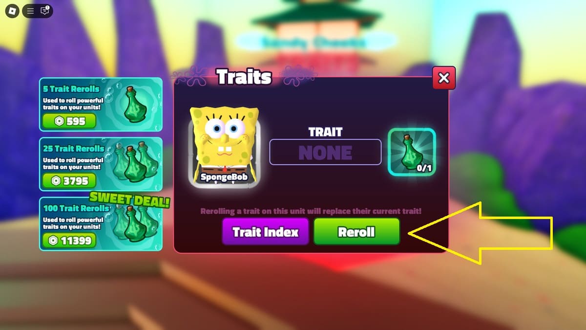 Menu de reroll de traços em SpongeBob Tower Defense