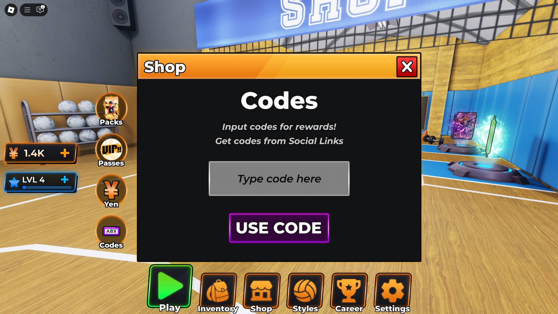 Menu de Resgate de Códigos em Haikyuu Legends