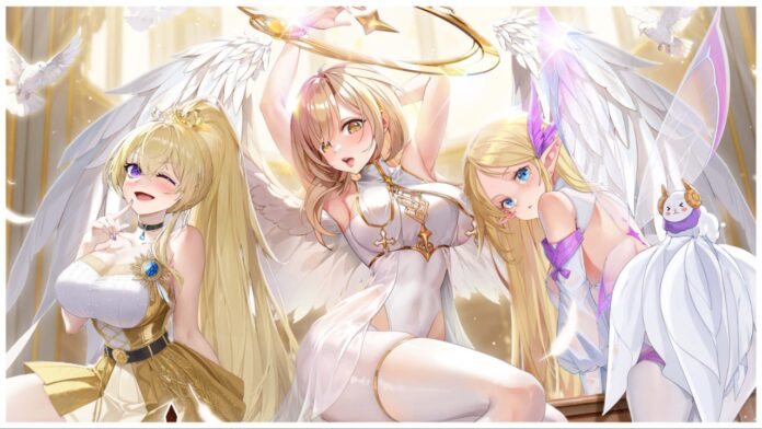 Imagem de destaque da nossa lista de níveis de Tales of Angels, mostrando três anjos em poses sugestivas com uma luz iluminando-os de cima enquanto olham para o espectador