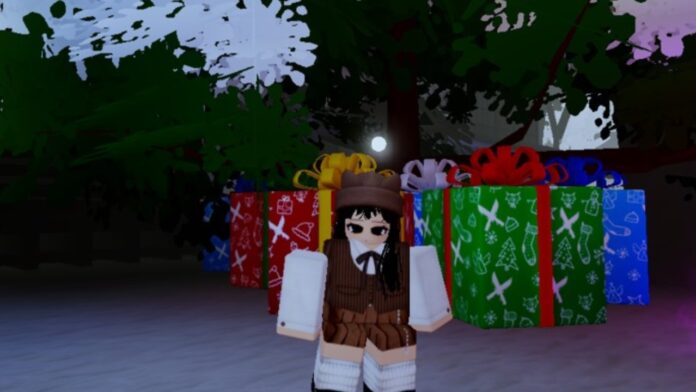 Imagem do evento de inverno do Jujutsu Infinite mostrando um personagem ao lado de presentes de Natal sob uma árvore.