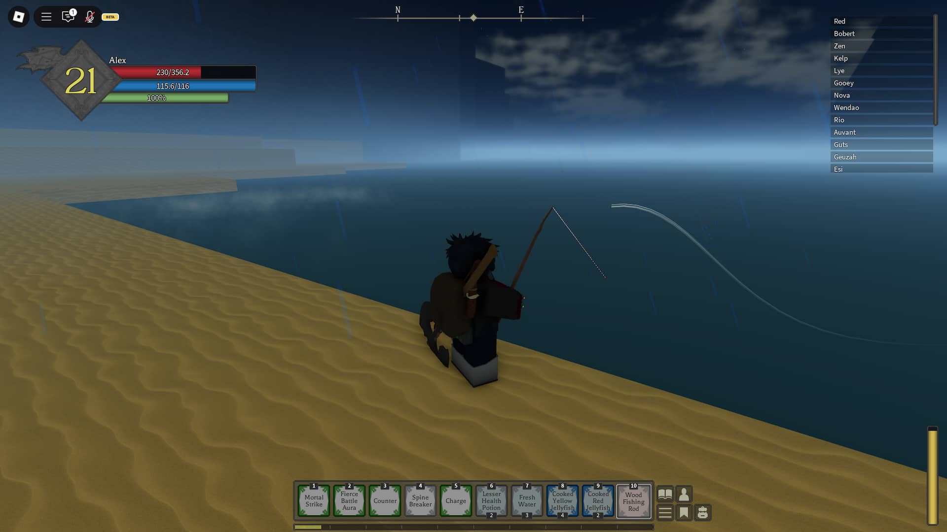 Jogador pescando na praia no Rune Slayer