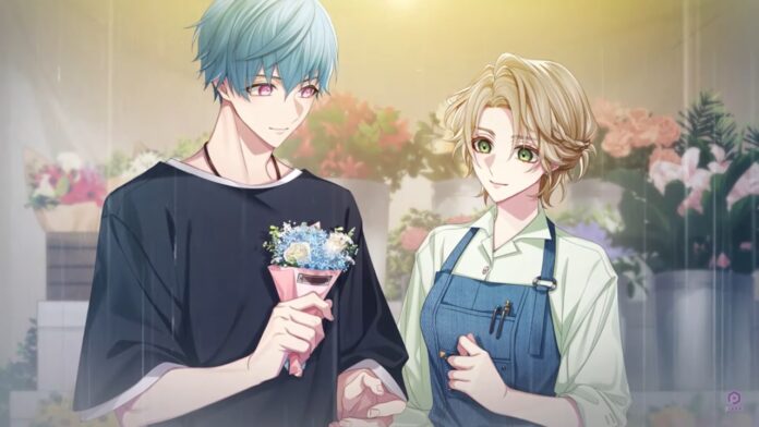 Imagem de Destaque para o jogo Him The Smile And Bloom. Mostra um homem e uma mulher em uma floricultura se olhando.