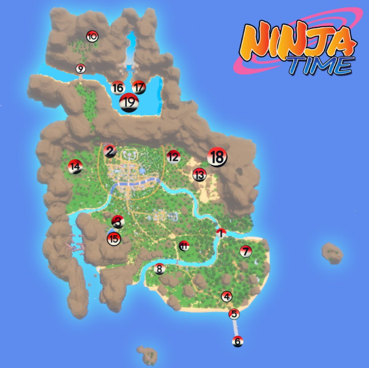 Mapa mostrando as localizações dos chefes em Ninja Time