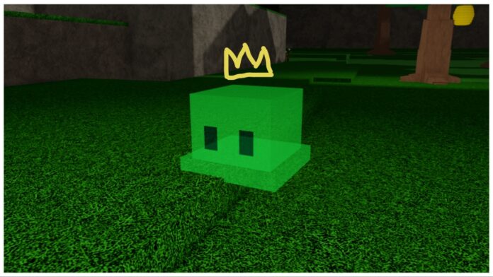 Imagem destaque do guia do Rei Slime em Rune Slayer, mostrando um slime verde comum com uma coroa desenhada à mão