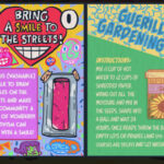 Wax Heads preview: The zine from Wax Heads showing a page dedicated to free chalk to draw smiley faces, and another dedicated to guerilla gardening with a seed packet