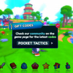 Anime Weapons codes: The codes box in Anime Weapons with POCKET TACTICS in the box. A mango arrow points to the gift icon in the top right corner and there's a PT logo in the top left