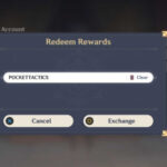 The Genshin Impact code redemption screen with 'POCKETTACTICS' in the text box