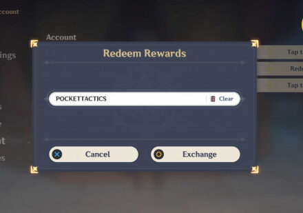 The Genshin Impact code redemption screen with 'POCKETTACTICS' in the text box