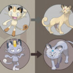 Pokemon Persian: A graphic showing the evolution lines of Meowth to Persian and Alolan Meowth to Alolan Persian on a two-tone greyish brown PT background, representing the normal and dark types